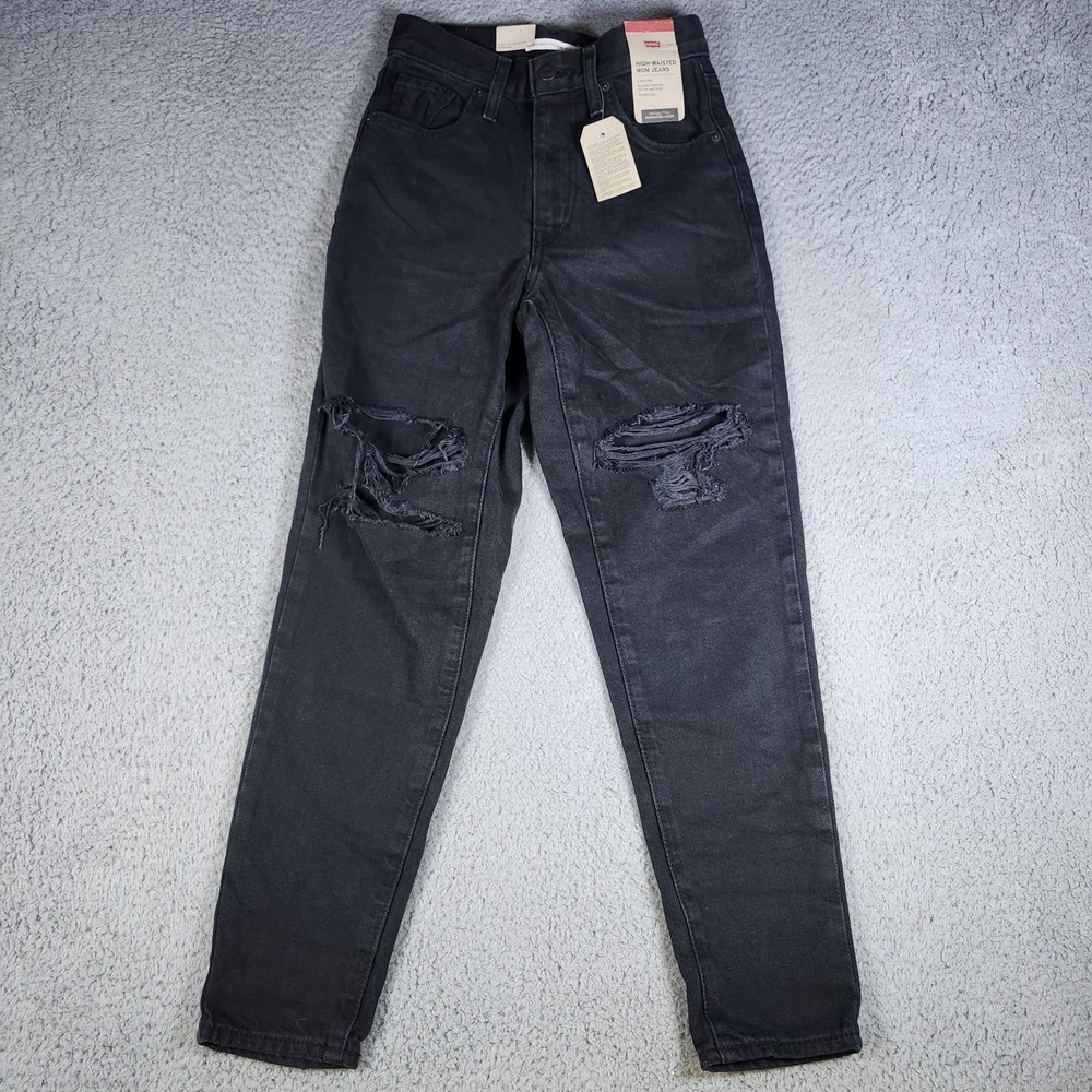 Levis High Waisted Mom Jeans Women Size 24x27 Black Denim Tapered Distressed NWT